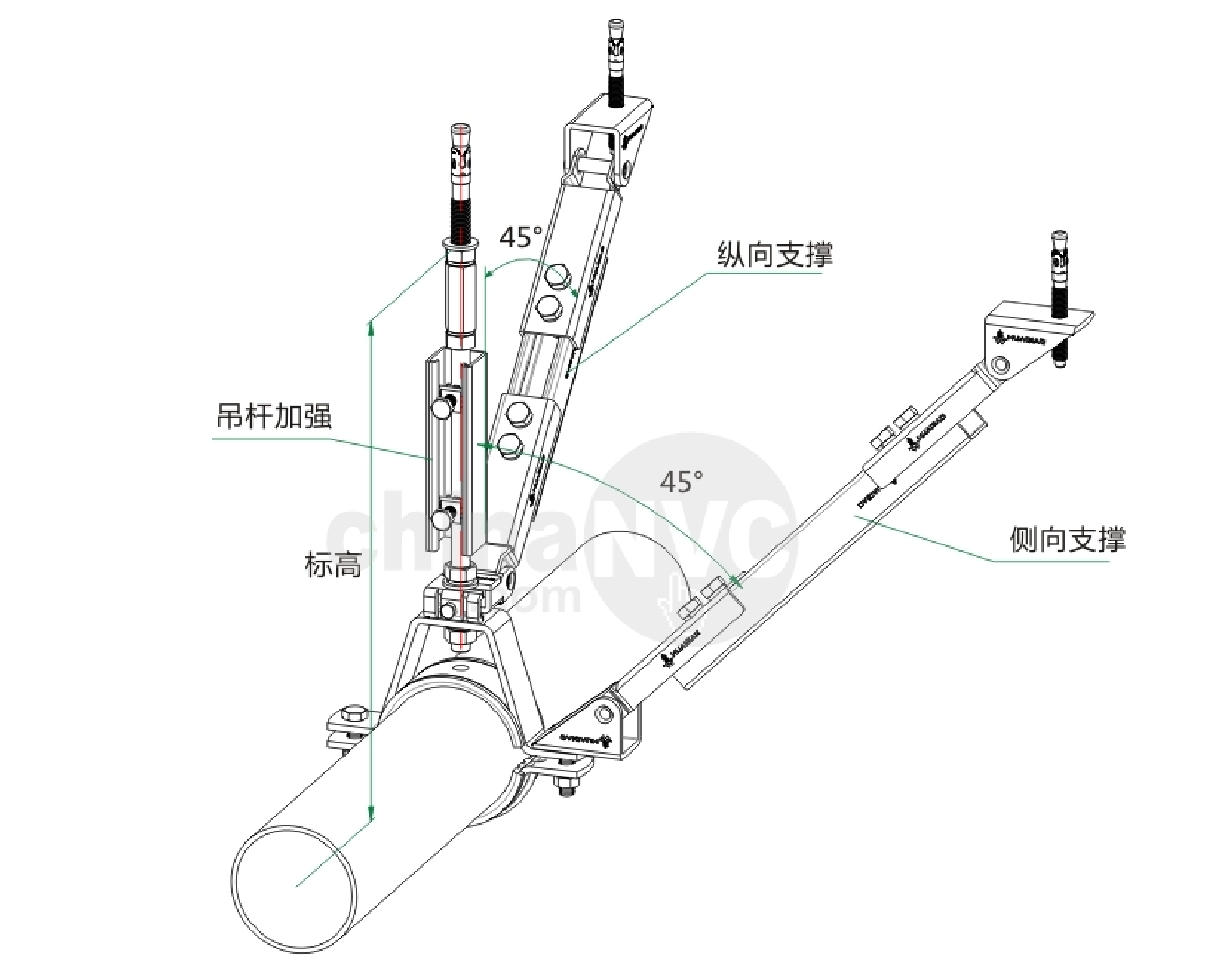 可調節(jié)單吊管側縱向支撐抗震支架（KTA）